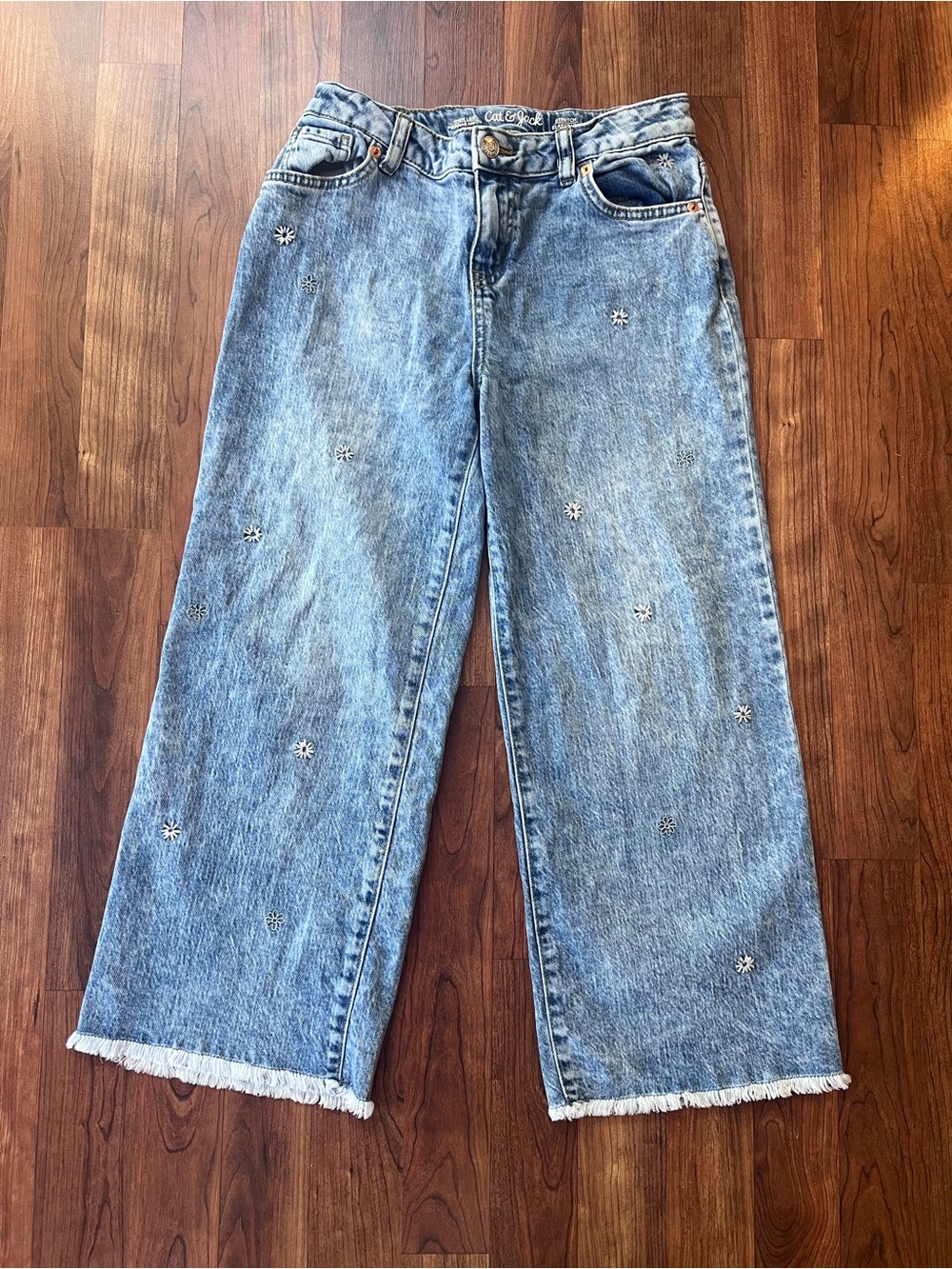 Cat & Jack Light Blue Wide Leg Embroidered Floral Jeans Y2K Frayed Hem